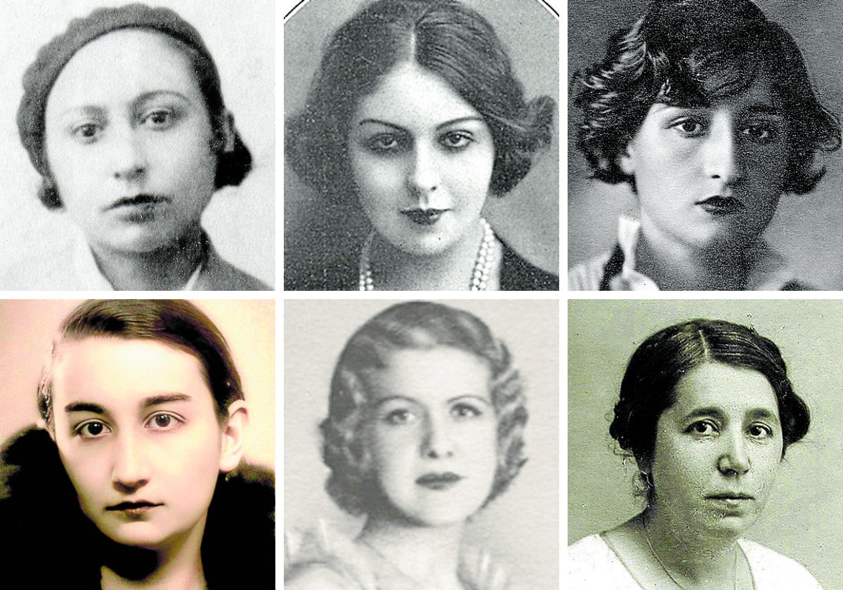 Arriba, de izquierda a derecha: Lucía Sánchez Saornil (1895-1970), poeta y sindicalista; María Teresa León (1903-1988), escritora y política y Maruja Mallo (1902-1995), artista plástica. Abajo: Ernestina de Champourcín (1905-1999), poeta; Josefina de la Torre (1907-2002), escritora, actriz y cantante, y María Lejárraga (1874-1974), escritora.
