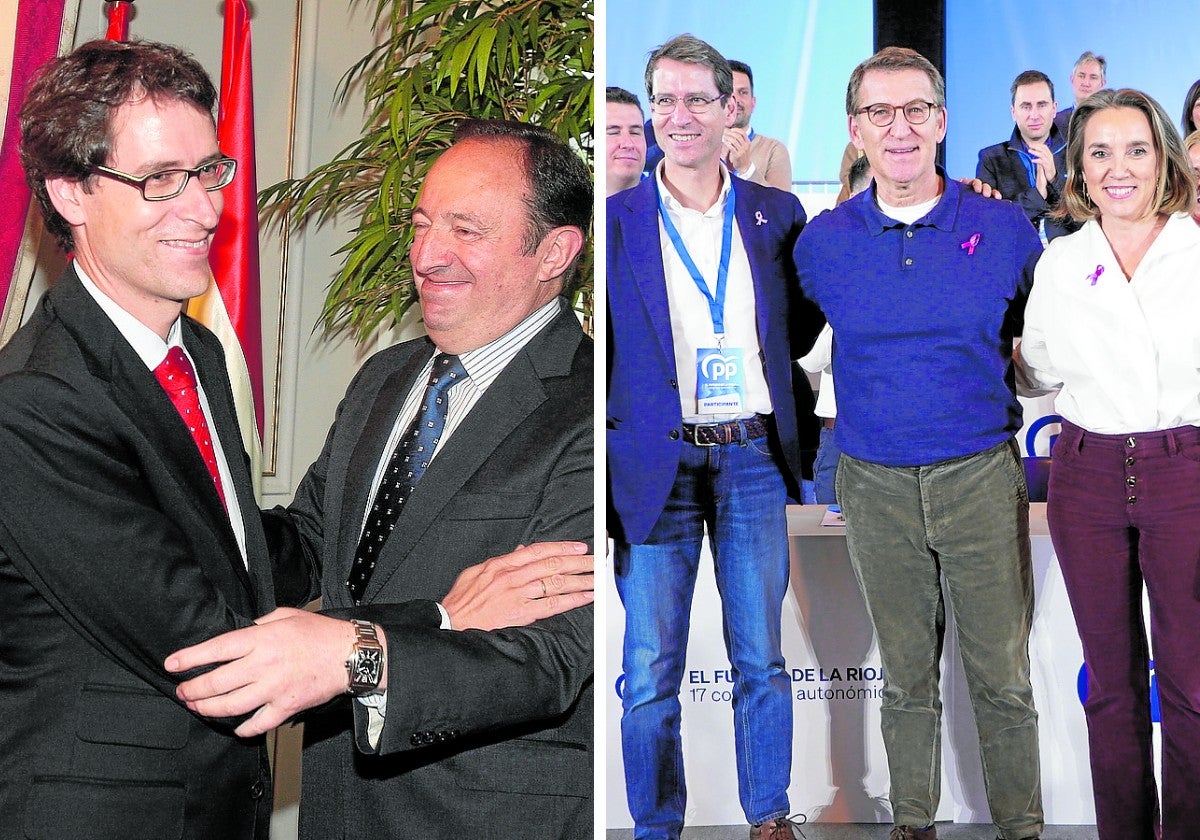 El Capellán consejero, con Pedro Sanz. A la derecha, el Capellán presidente, diez años después, con Feijóo y Cuca.