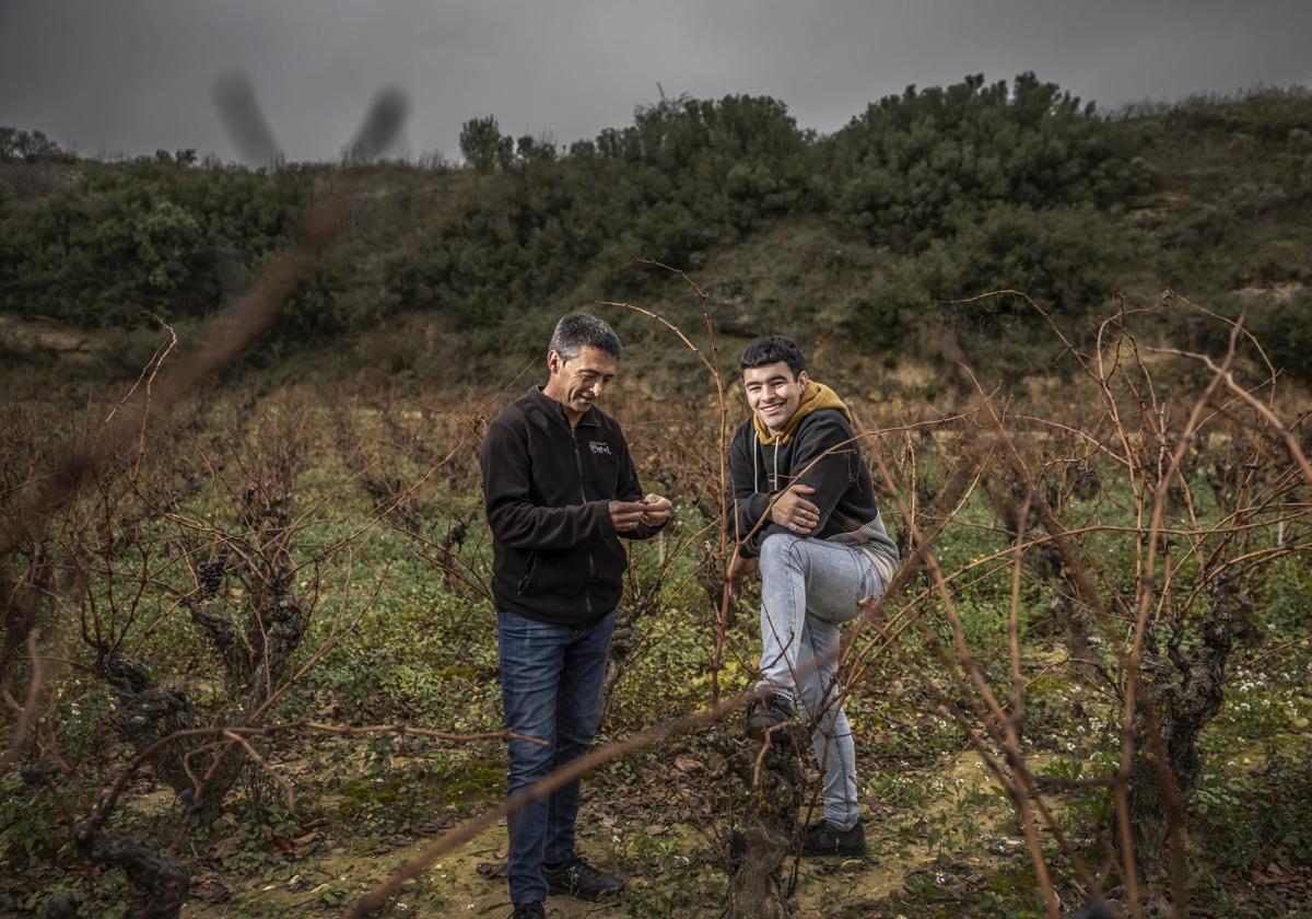 Vicente Martínez, con su hijo Mario en uno de sus viñedos.