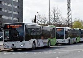 Autobuses de varias de las líneas de transporte metropolitano en una parada de la capital riojana.