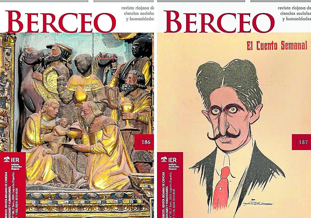 Portadas de los dos últimos números de la revista Berceo, con un detalle del retablo de Pinillos y una caricatura política respectivamente.
