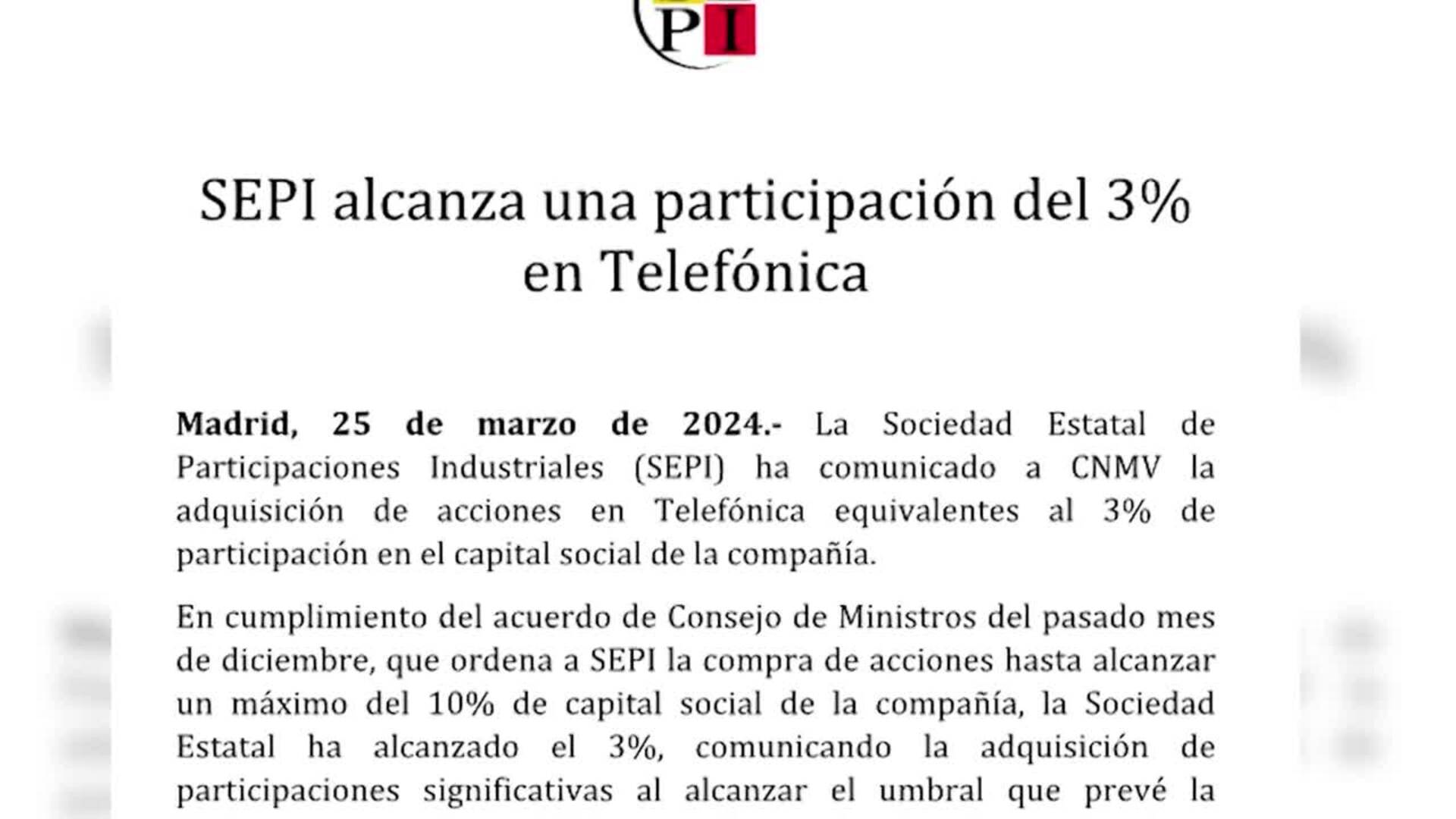 La SEPI informa a la CNMV de que ha alcanzado una participación del 3% en Telefónica