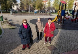 Ana Martínez (tesorera), Evarista Argáiz (vocal) y María Teresa Gómez (presidenta), de la asociación Avezo, en el parque del Semillero.