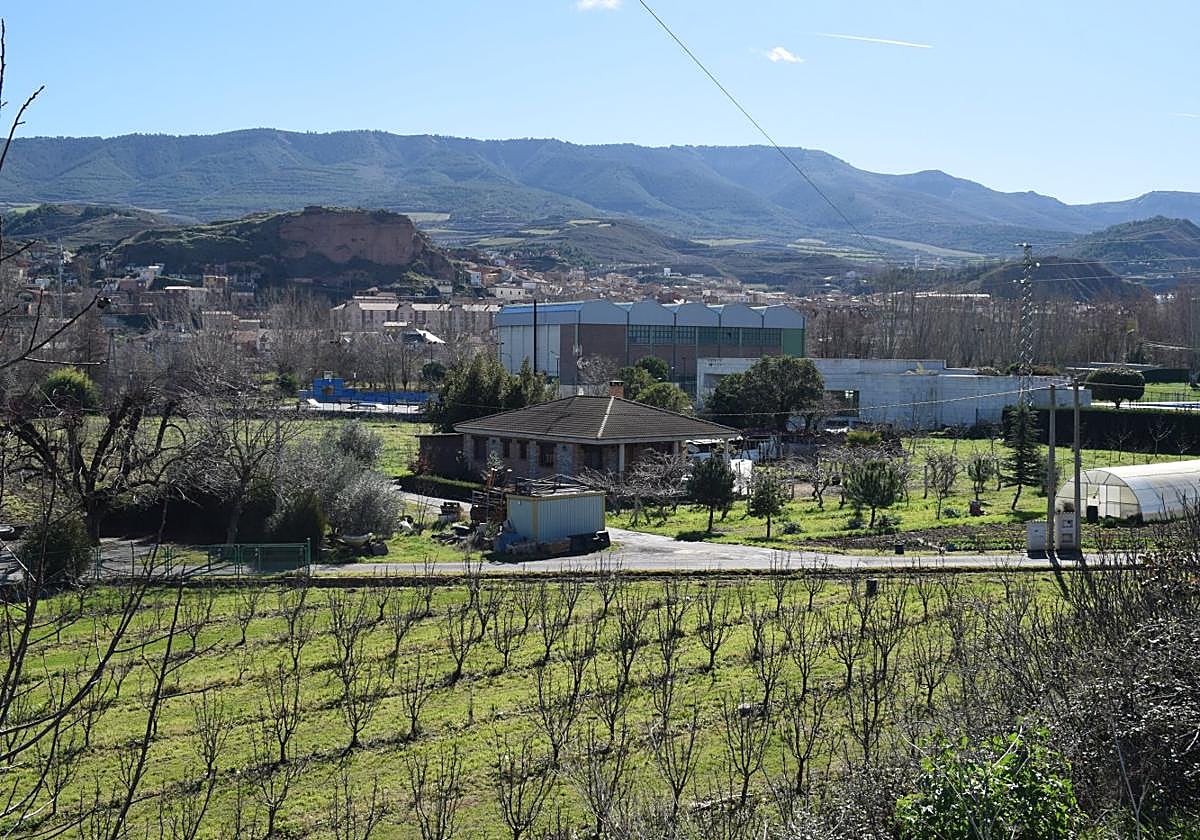 El núcleo urbano de Albelda de Iregua, al fondo, con diseminados a su alrededor, visto desde el camino a la ermita de la Virgen del Bueyo.
