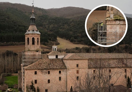 Obreros de las empresas Cabero e ISP trabajan en la instalación de los andamios de la obra.