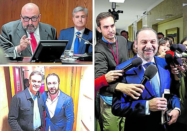Koldo García, en la comisión de investigación del Senado y Sánchez con De Aldama. A la derecha, José Luis Ábalos, ante la prensa en los pasillos del Congreso.