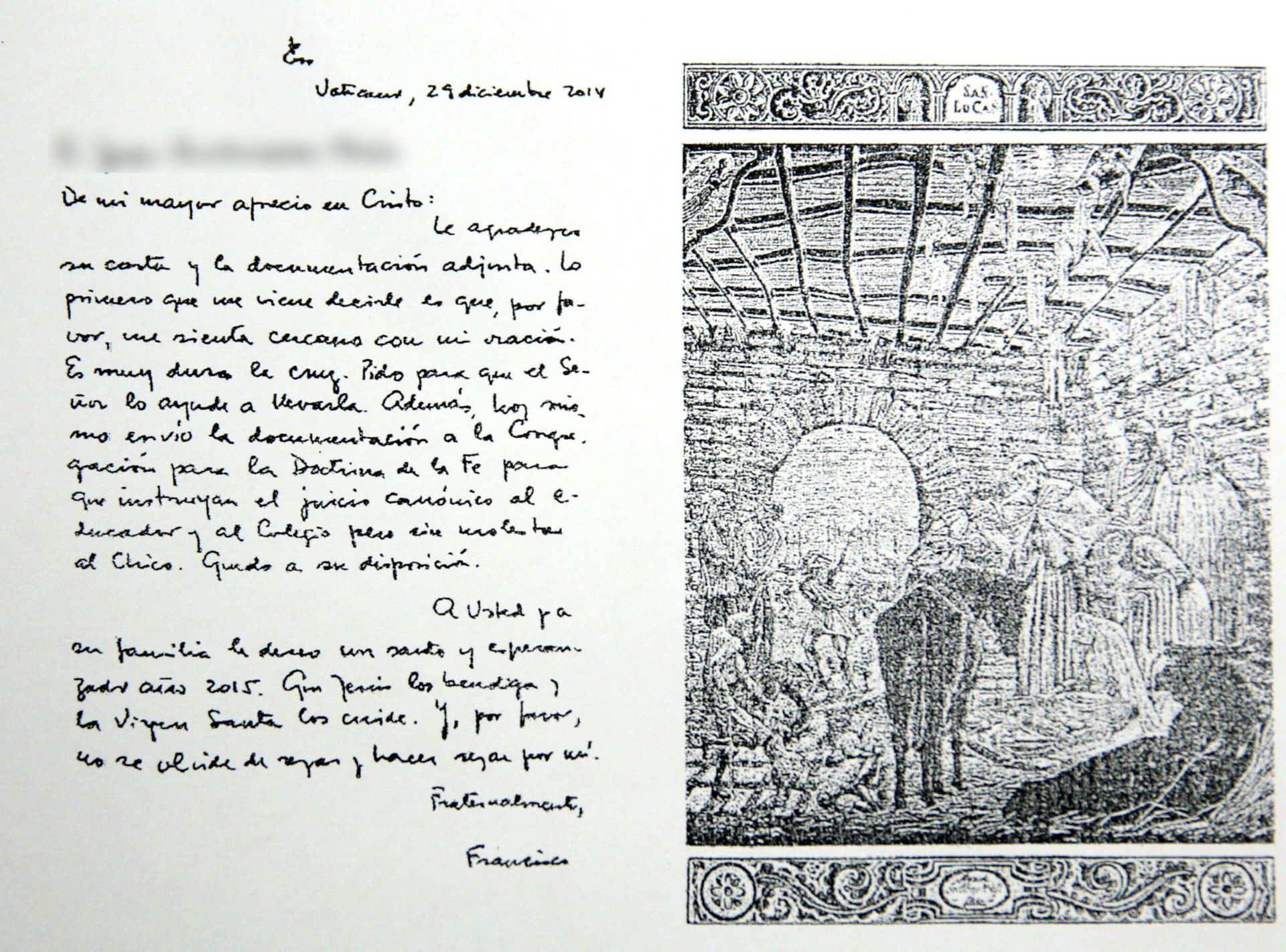Postal manuscrita del papa Francisco a Juan Cuatrecasas (2014).