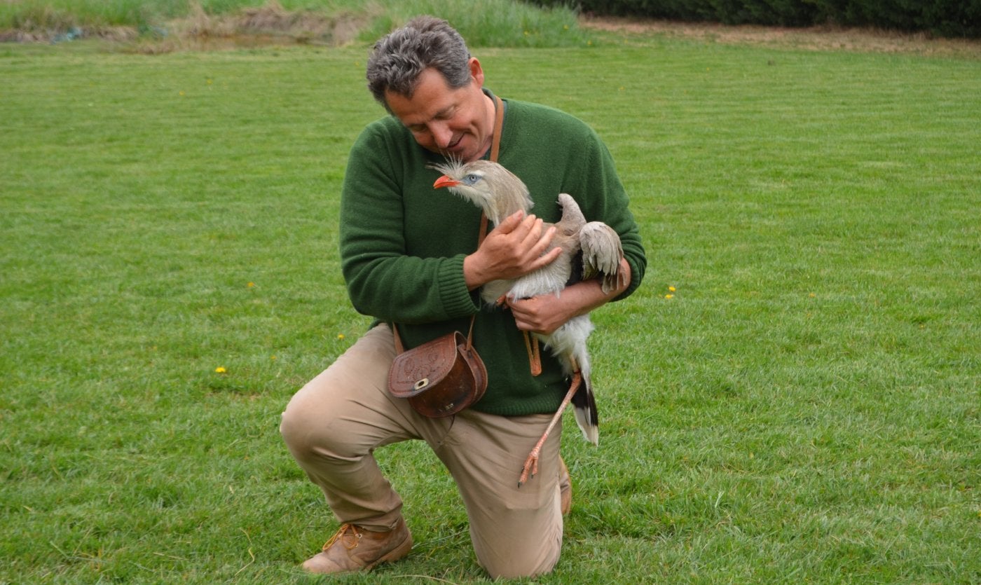 Luis Lezana, con el seriema Trasto en Tierra Rapaz.