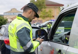 Un agente del subsector de Tráfico de la Guardia Civil de La Rioja comprueba la documentación de uno de los conductores parados en el control desarrollado este jueves en la N-232, en Recajo.
