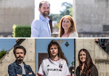 Arriba, Eduardo Fernández y Emma Juaneda, riojanos nacidos en 1975. Abajo, Álvaro Marqués, Víctor Alcalde y Marta Ochoa, nacidos en el 2000