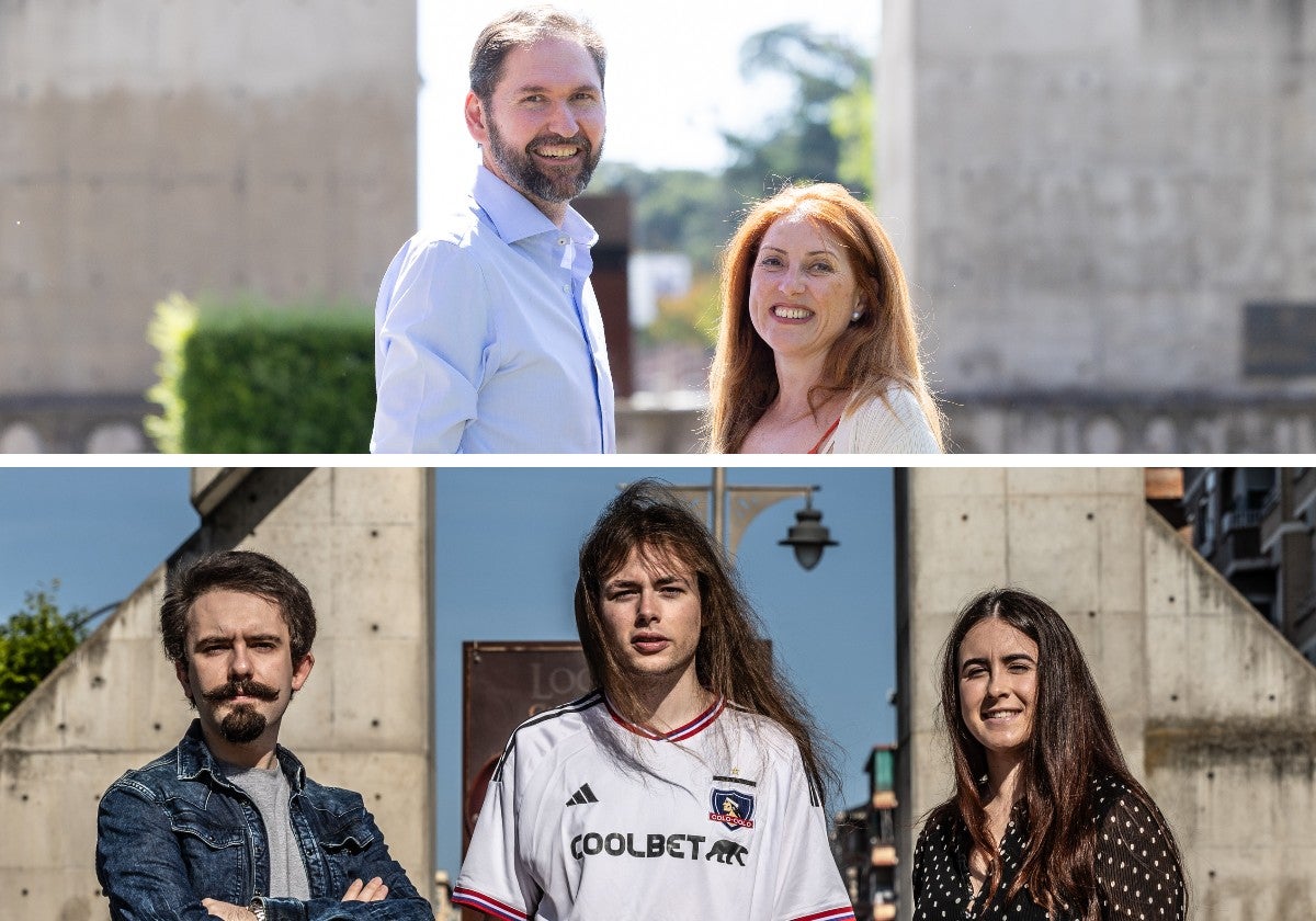 Arriba, Eduardo Fernández y Emma Juaneda, riojanos nacidos en 1975. Abajo, Álvaro Marqués, Víctor Alcalde y Marta Ochoa, nacidos en el 2000