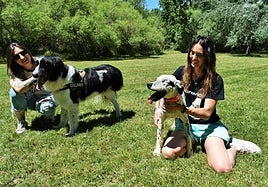 Silvina Rivera posa con Collares, a quien le falta la pata trasera izquierda, y Johana Martínez posa con Coma, a quien le falta el ojo izquierdo, en el parque del Iregua de Logroño.
