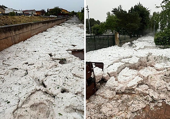 Bloques de hielo que se han formado debido a la granizada junto al colegio Navarrete.