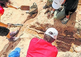 Excavación arqueológica en la necrópolis del yacimiento de La Clínica en Calahorra, con uno de los esqueletos que han salido a la luz.