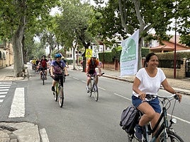 Participantes en la bicicletada en contra de la tala organizada por Ecologistas en Acción bajo los álamos.