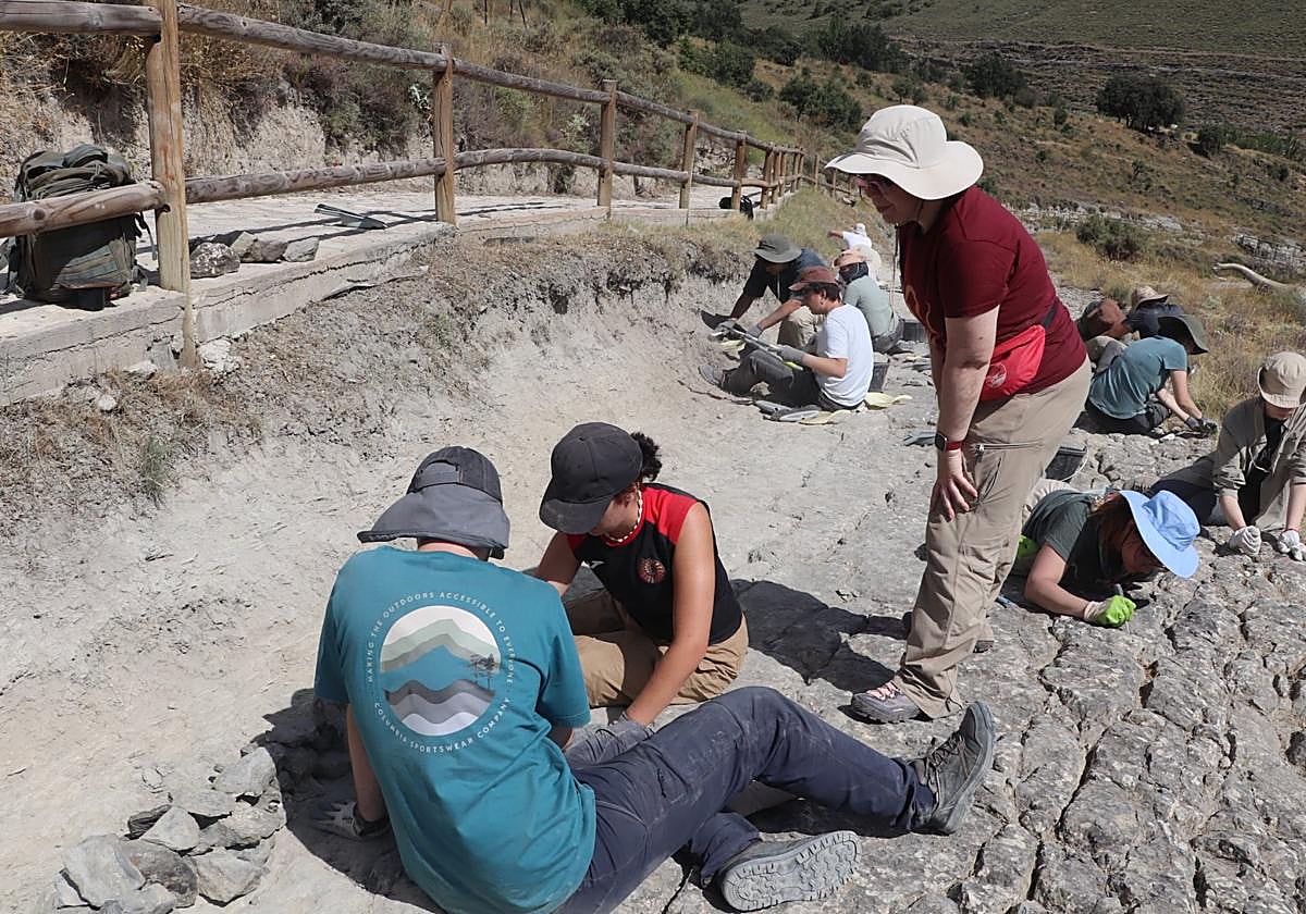 Angélica Torices supervisa la construcción de un murete para proteger las huellas del talud.