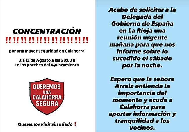 A la izquierda, mensajes que circula en redes sociales, el que se convoca a una concentración. A la derecha, mensaje publicado por la alcaldesa de Calahorra, Mónica Arcéiz, en Instagram.