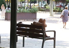 Un hombre trata de refrescarse en un banco del Espolón logroñés.