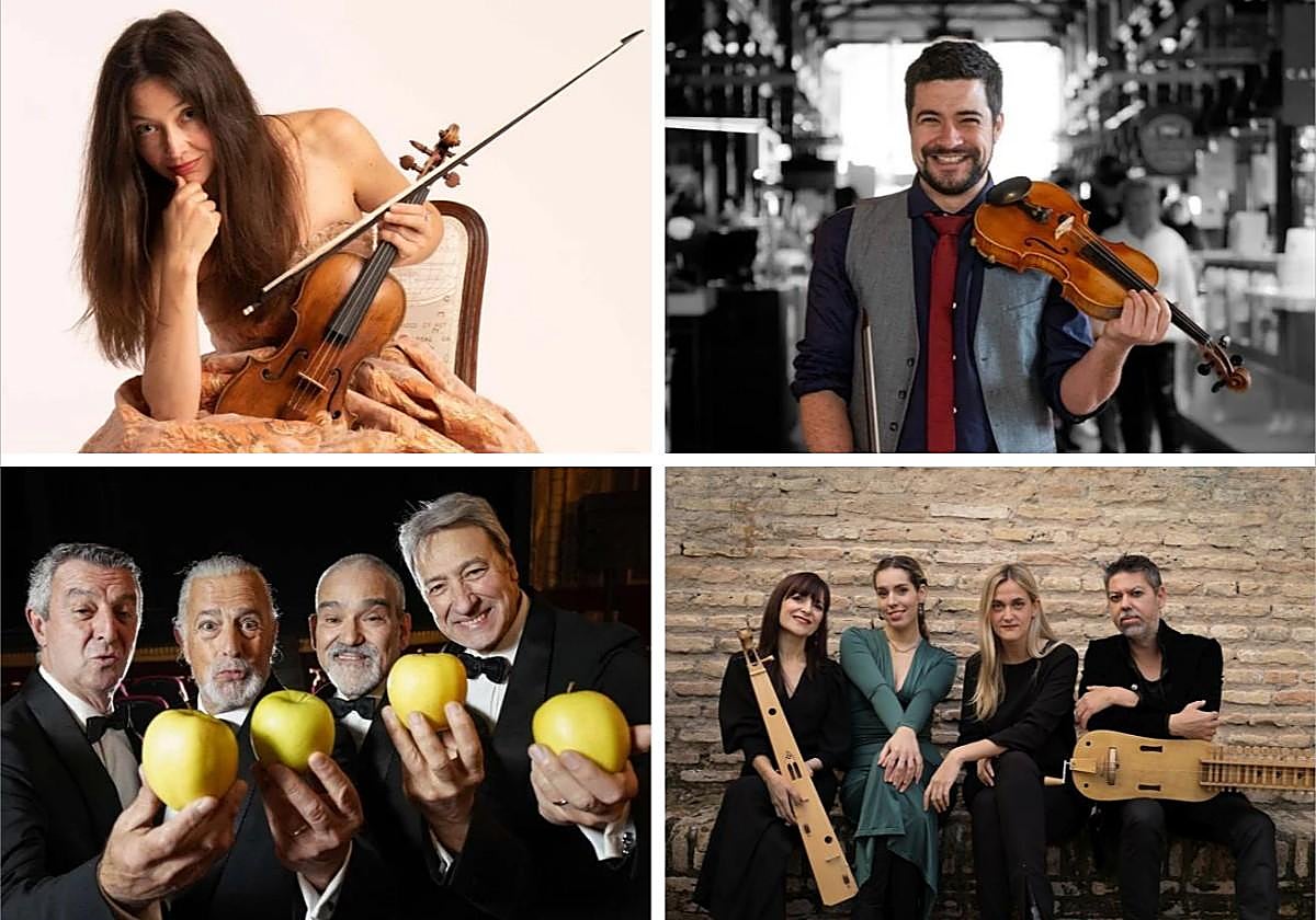 Arriba, la violinista ibicenca Lina Tur Bonet y Pedro Quirico. Debajo, a la derecha, el grupo vocal Golden Apple Quartet y a la derecha, los integrantes del grupo Sephardica.