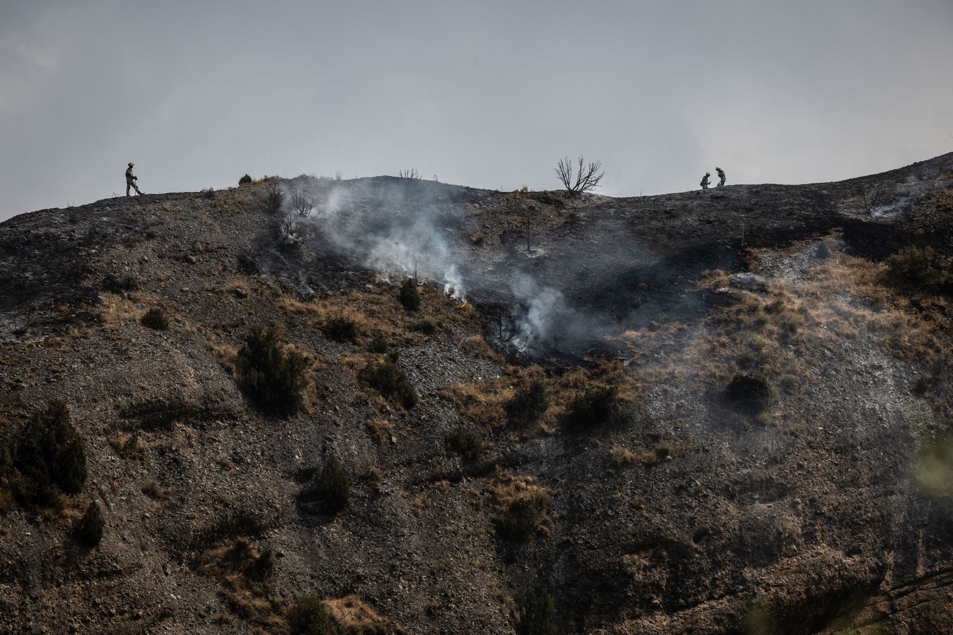 Bomberos trabajando en la extinción del incendio en la tarde del domingo.