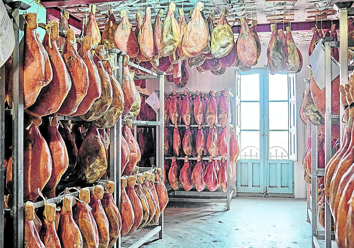 Jamones en el secadero tradicional, de madera, bajo la techumbre del edificio y en un espacio con ventanas.
