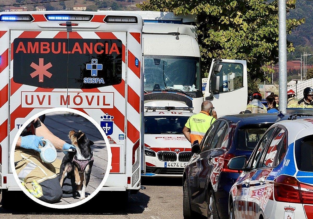 Despliegue de los servicios de emergencia en torno al camión, en Gijón.