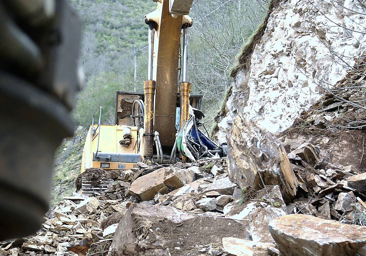 Imagen de la retroexcavadora donde falleció el trabajador en la carretera LR-113 en Viniegra de Abajo