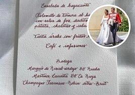 Parte del menú de la boda y, en el detalle, los contrayentes.