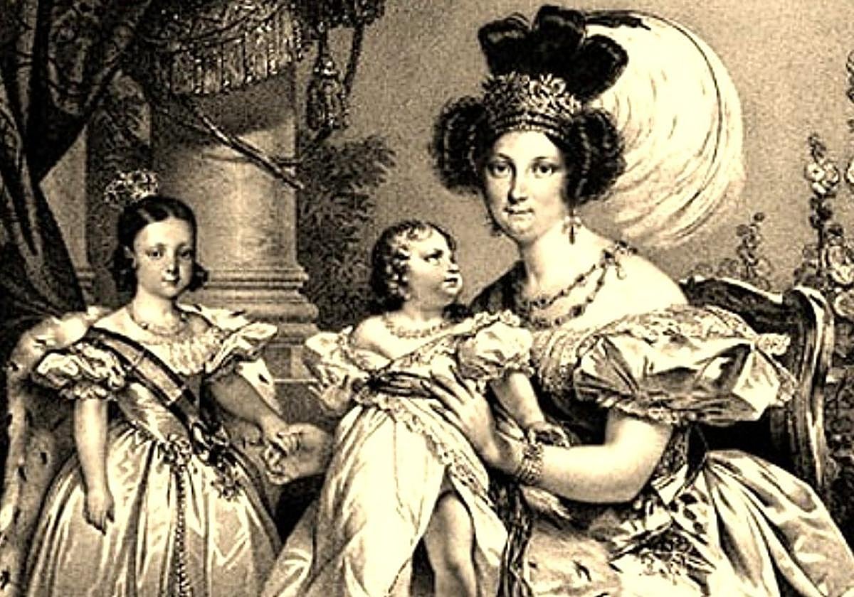La regente María Cristina, viuda de Fernando VII, junto a sus hijas, la reina Isabel y la infanta Luisa Fernanda.