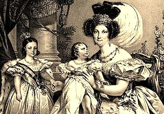 La regente María Cristina, viuda de Fernando VII, junto a sus hijas, la reina Isabel y la infanta Luisa Fernanda.