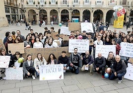 Estudiantes y profesores participantes en el pasacalles filosófico, a mediodía de ayer en la plaza del Mercado de Logroño.