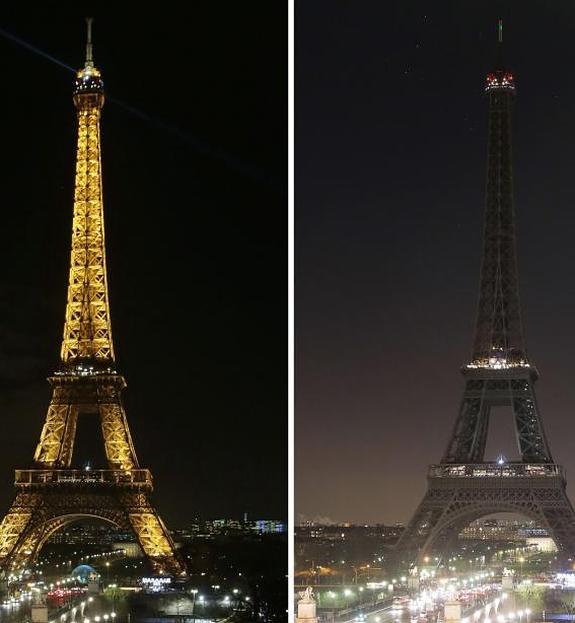 La torre Eiffel de París, con sus luces apagadas. 