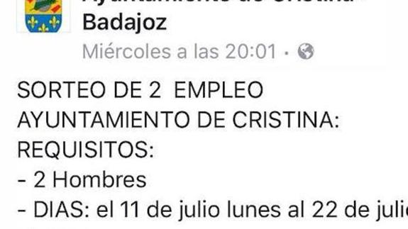 El ayuntamiento publica en las redes sociales la oferta de empleo.