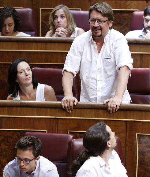 El portavoz de En Comú Podem, Xavier Domenech, durante la sesión constitutiva de las Cortes.