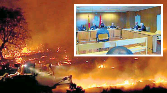 Uno de los incendios en la Comunidad de Madrid. Arriba, imagen del juicio.