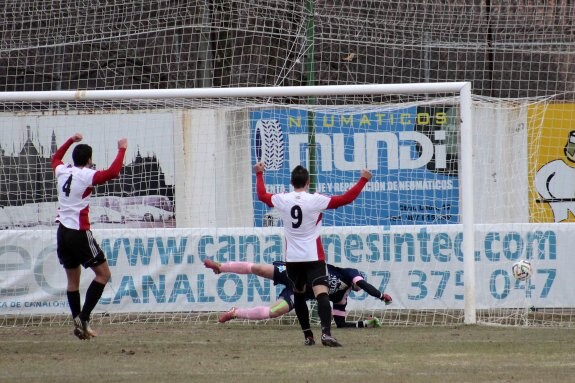 Herreros y Camochu festejan el gol de Moisés. Al final se anuló el tanto blanquirrojo. 