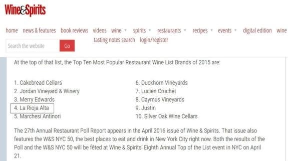 La Rioja Alta, única bodega española en el Top 10 de la restauración americana