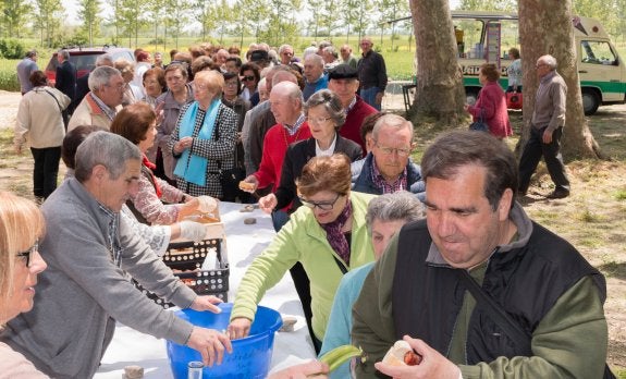 Reparto de chorizo, habas tiernas, pan y vino, en la romería celebrada ayer a la ermita. :: 