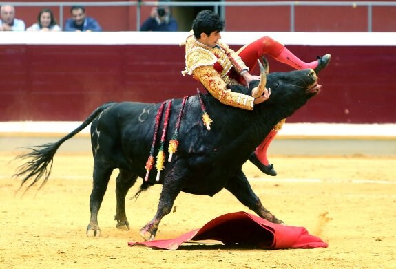 López Simón, en el momento de su cogida por 'Latoso'. El diestro, volteado, cayó al suelo y estuvo a punto de ser corneado en el cuello. :: Juan Marín
