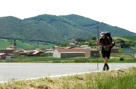 Un peregrino camina a la altura de la localidad de Berceo, en el valle del Cárdenas, próxima al Monasterio de San Millán de la Cogolla. :: justo rodríguez
