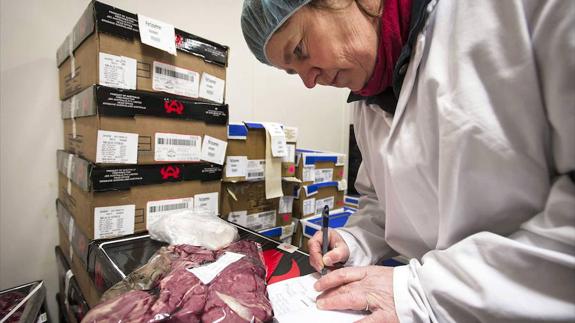 Una especialista toma muestras de carne en unos laboratorios. 