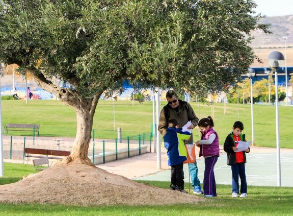 Unos escolares sellan su tarjeta de control en una baliza. :: F.D.