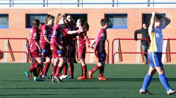 Las jugadoras del EDF Logroño celebran un gol. :: j. herreros
