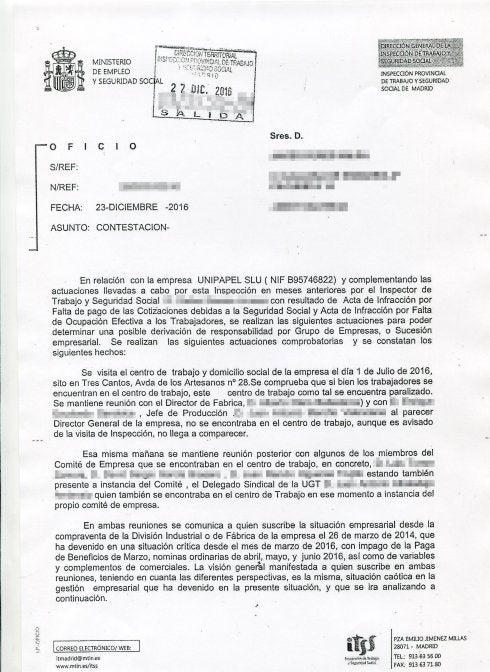 Unipapel no pagó al Estado las cuotas fiscales y sociales de las 3 últimas nóminas que abonó
