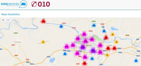 Mapa caliente de las llamadas recibidas en el 010 de Logroño. :: JIG