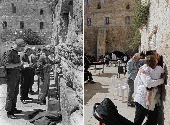 Medio siglo de diferencia. Imagen del Muro de las Lamentaciones en 1967 y en la actualidad. :: afp