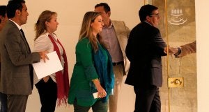 Los diputados socialistas, con el portavoz Pablo Rubio al frente, en el momento de abandonar temporalmente el hemiciclo. ::
JUSTO RODRÍGUEZ