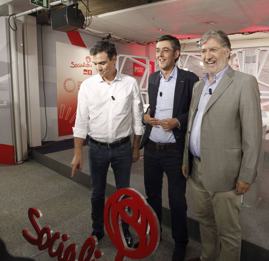 Nervios previos de los candidatos. Pedro Sánchez, Eduardo Madina y Antonio Pérez Tapias, posaron nerviosos antes del debate.