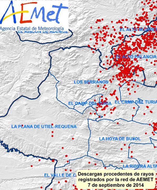 Las descargas elétricas en la zona norte de Valencia y el sur y oeste de Castellón.