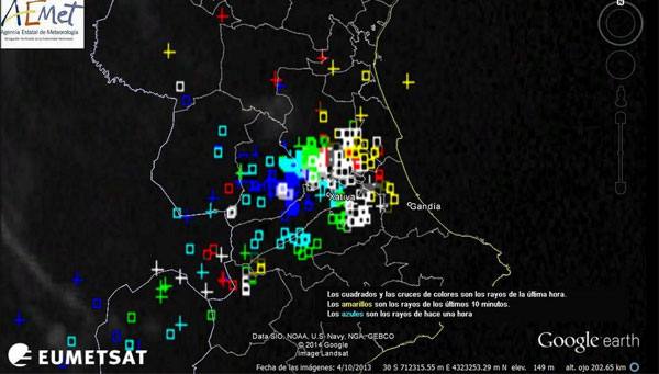 Los rayos en el sur de la provincia de Valencia, entre las 20:20 y las 21:10 horas.